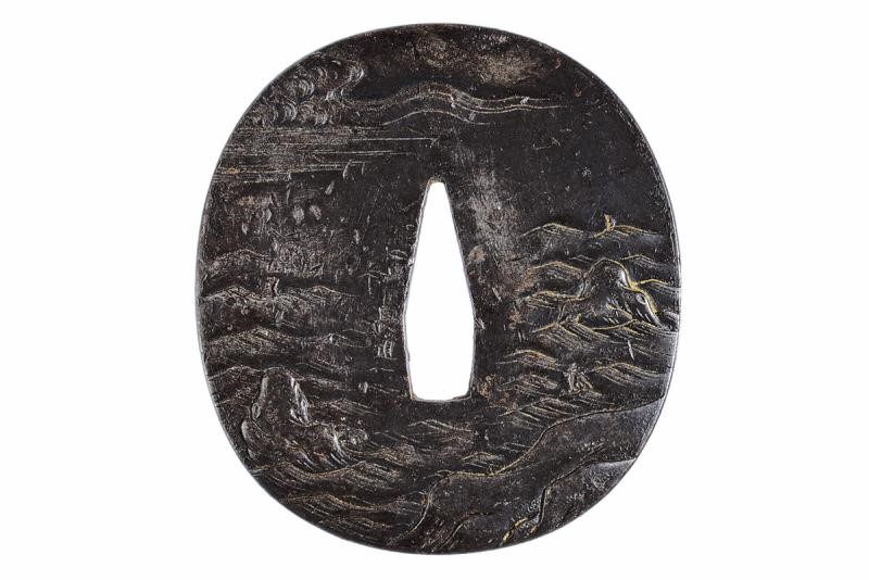 Nagamichi, Tsuba firmata con paesaggio marittimo, ferro, Edo