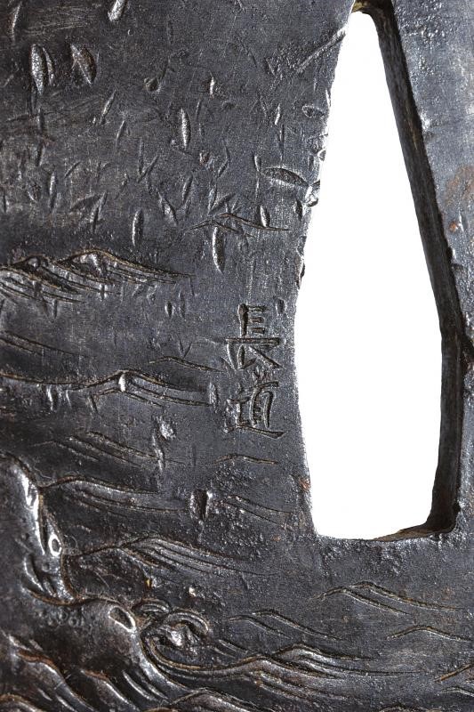 Nagamichi, Tsuba firmata con paesaggio marittimo, ferro, Edo