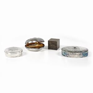 Lot of four silver objects, one signed Bulgari, defects