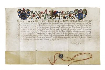 Francesco Molino, Nomina a Cavaliere di San Marco, Pergamena dipinta, metà del XVII secolo