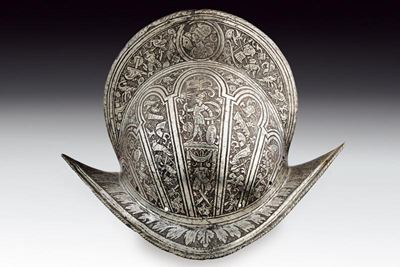 Morione, Bel morione inciso, ferro, Italia, 1570-1580