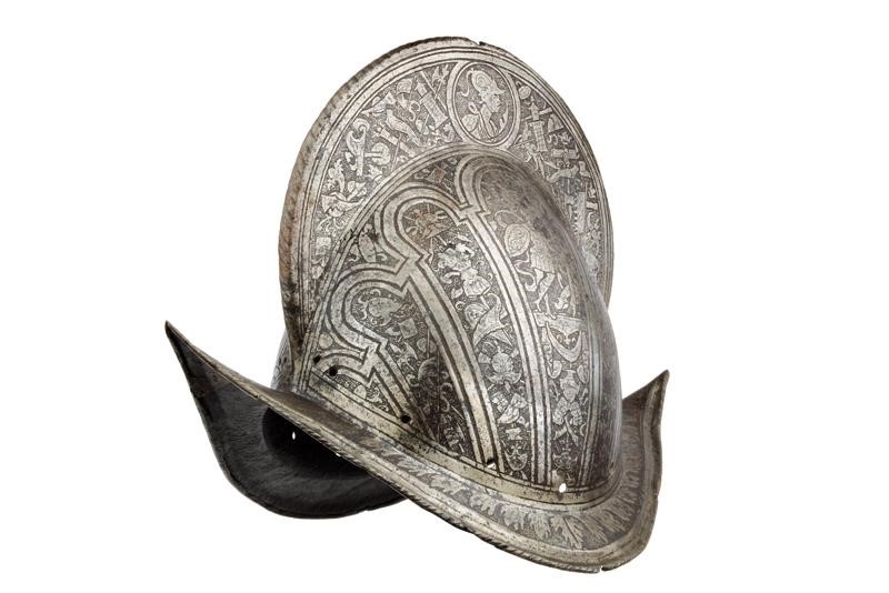 Morione, Bel morione inciso, ferro, Italia, 1570-1580