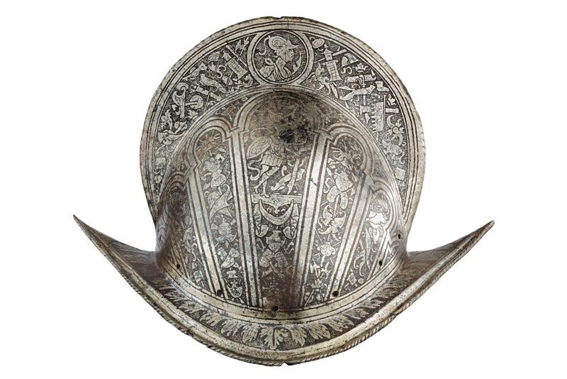 Morione, Bel morione inciso, ferro, Italia, 1570-1580