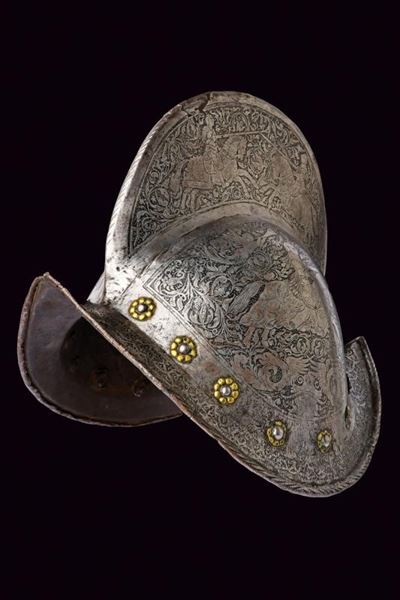 Morione antico con incisione ottocentesca, Germania del Sud, circa 1580