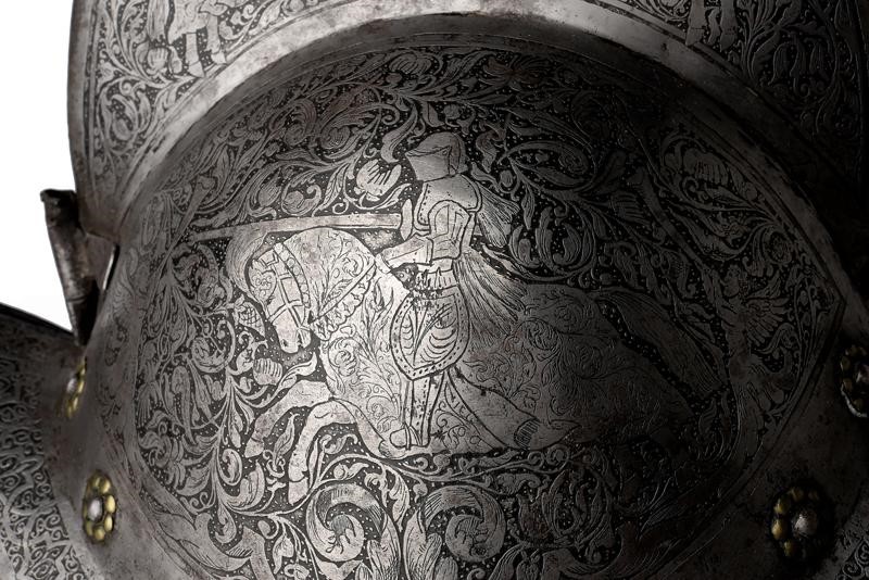 Morione antico con incisione ottocentesca, Germania del Sud, circa 1580