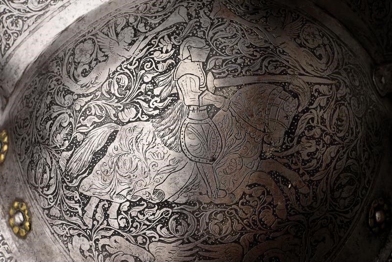 Morione antico con incisione ottocentesca, Germania del Sud, circa 1580