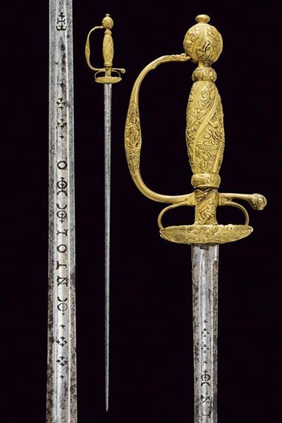 Spadino, lama dritta di sezione esagonale con decorazioni in ottone, Francia, fine XVIII secolo