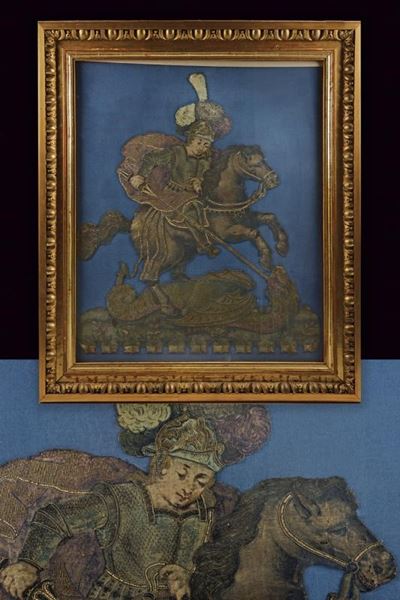 Effige di San Giorgio con il Drago, ricamo policromo su seta, XVIII Secolo