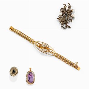 Lot of silver, low-carat yellow gold, sapphire, amethyst, cultured pearl, diamond and synthetic gemstone jewels