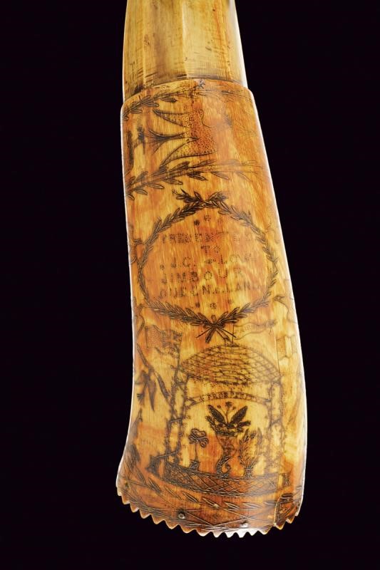 Corno da polvere, incisione decorativa e dedica, circa 1840