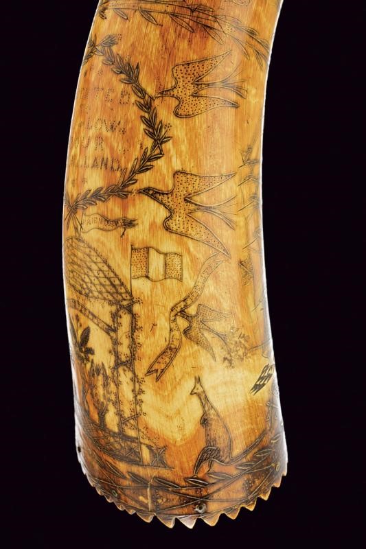Corno da polvere, incisione decorativa e dedica, circa 1840