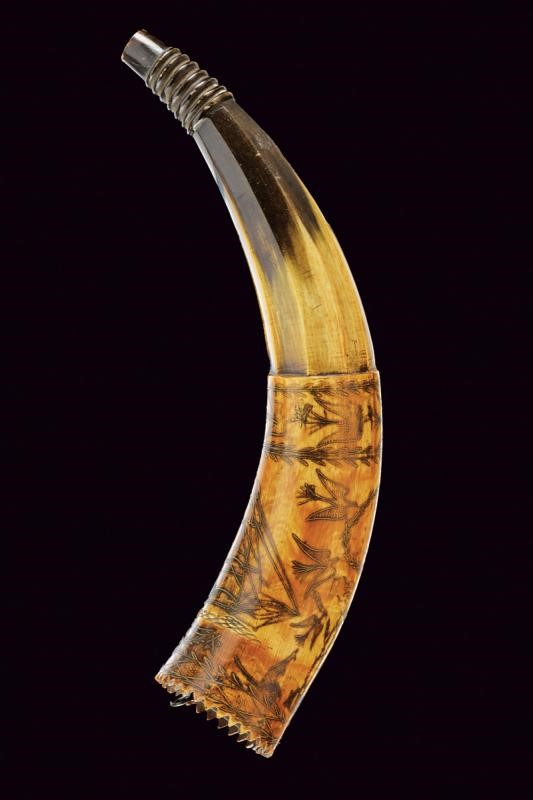 Corno da polvere, incisione decorativa e dedica, circa 1840
