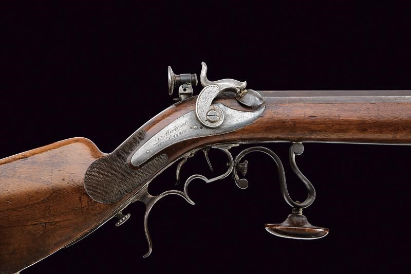 G. Manzoni, Carabina da tiro a luminello, Svizzera, Metà del XIX Secolo, lunghezza 128,2 cm.