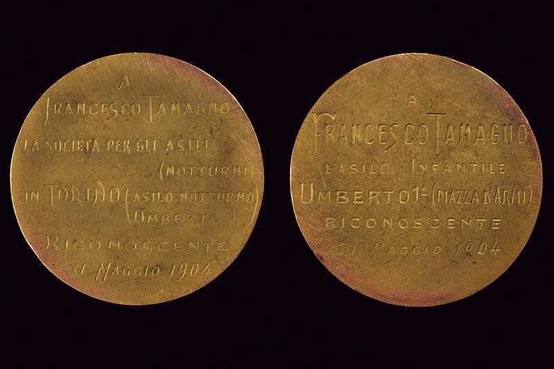 Tamagno, Medaglia in bronzo dorato, Regno d'Italia, 1904, diametro 4 cm