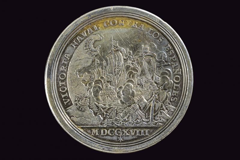 Medaglia commemorativa di Carlo VI, Sicilia 1718, argento, diametro 4.38 cm
