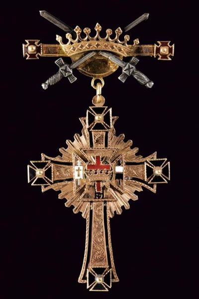 Croce massonica in oro giallo, argento e smalti, 1957