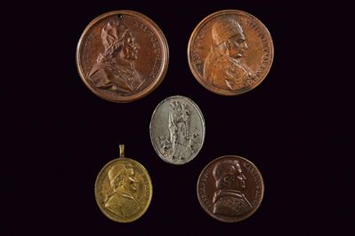 Medaglie del Stato Pontificio, Lotto di cinque medaglie in bronzo e metallo bianco, XVIII/XIX Sec...