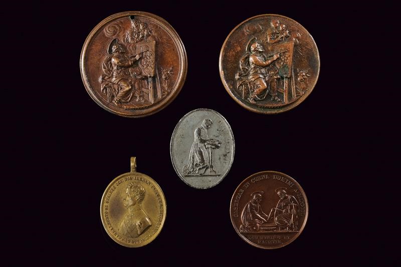 Medaglie del Stato Pontificio, Lotto di cinque medaglie in bronzo e metallo bianco, XVIII/XIX Sec...