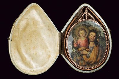 Pendente religioso, miniatura ovale di San Giuseppe con Bambino Gesù