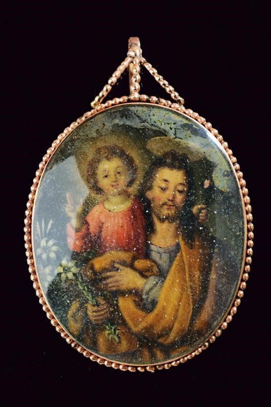 Pendente religioso, miniatura ovale di San Giuseppe con Bambino Gesù