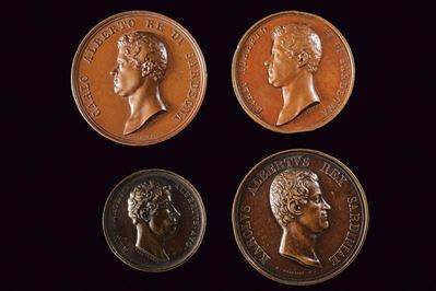 Carlo Alberto di Savoia, Lotto di quattro medaglie in bronzo, Regno di Sardegna