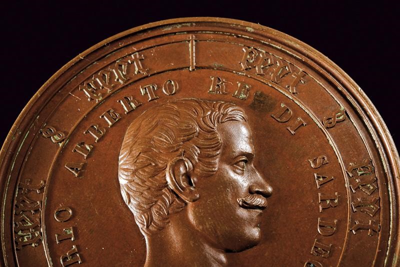 Medaglia di Carlo Alberto, 'Je atans mon astre', bronzo, Regno di Sardegna, 1846