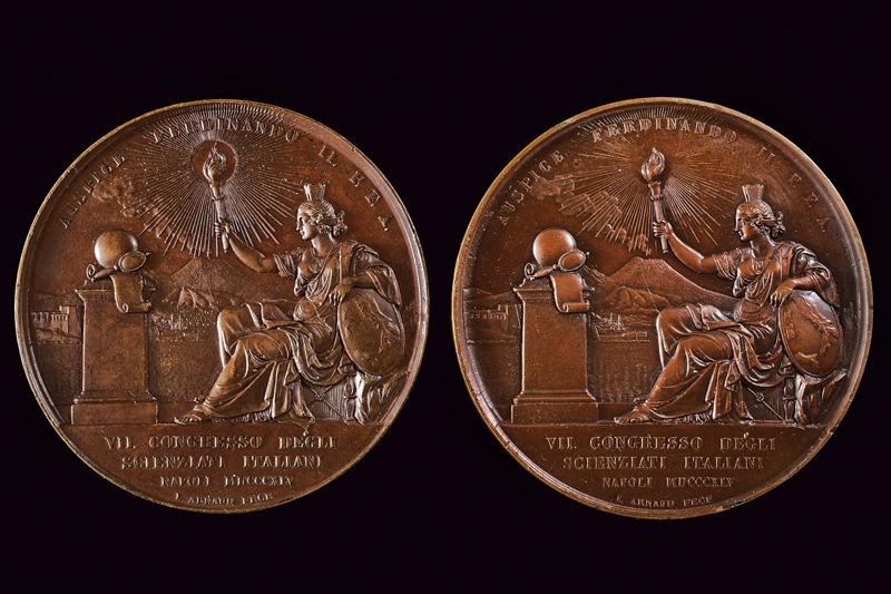 Ferdinando II, Lotto di due medaglie per il VII congresso degli scienziati a Napoli, 1845, Regno ...