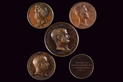 Francesco I, Lotto di cinque medaglie in bronzo, Regno delle Due Sicilie, 1825-1830
