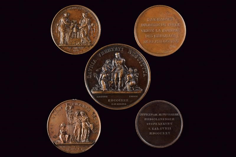 Francesco I, Lotto di cinque medaglie in bronzo, Regno delle Due Sicilie, 1825-1830