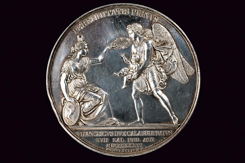 Ferdinando II, Medaglia per la nascita del Duca di Calabria Francesco di Borbone, argento, Regno ...