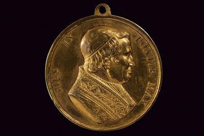 Medaglia commemorativa di Pio IX e Carlo Alberto, metallo dorato, Regno di Napoli