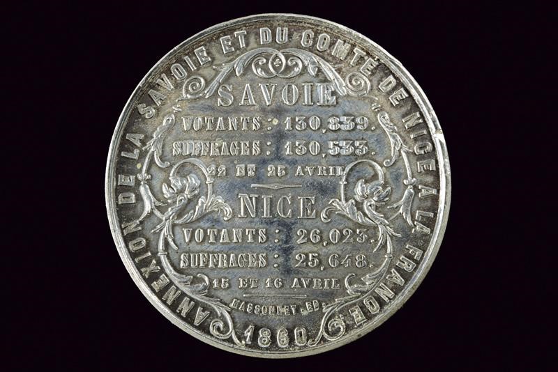 Napoleone III, Medaglia per l'annessione della Savoia e di Nizza (1860), argento, diametro 5 cm