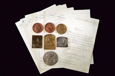 Massenet, Lotto di medaglie e lettere - Medaglie Napoleone III e placchette argento