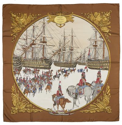 Philippe Ledoux, Foulard Marine et Cavalerie, seta su fondo panna, 1984
