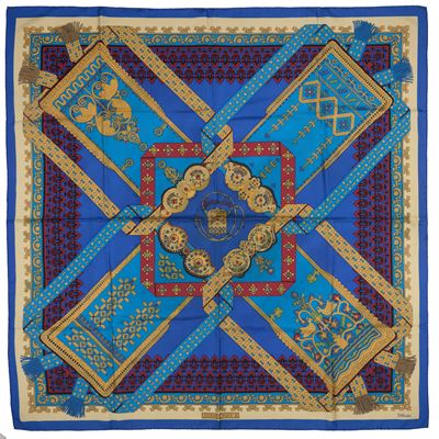 Julie Abadie, Foulard 'Brins d'or', seta su fondo blu, 1982