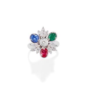  - Anello con pietre di colore e diamanti