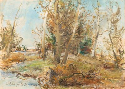 Paesaggio con alberi, olio su cartoncino