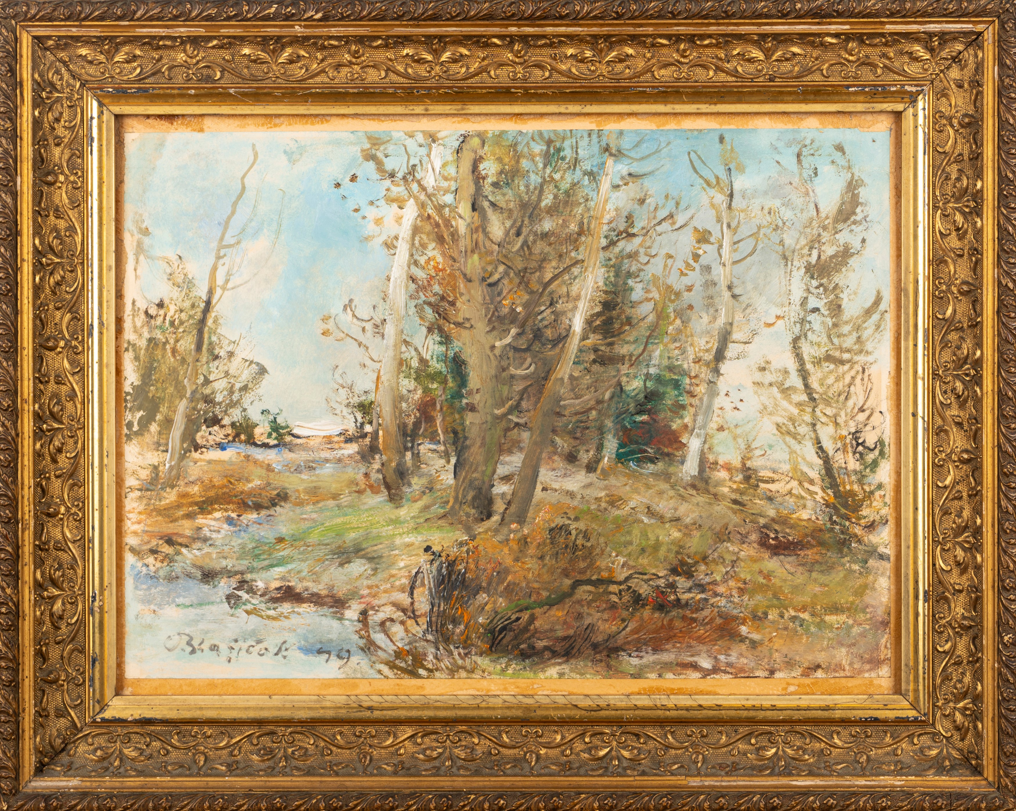 Oldřich Blažíček - Paesaggio con alberi, olio su cartoncino