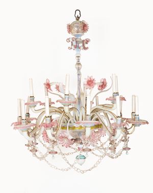 Lampadario in vetro policromo soffiato di Murano