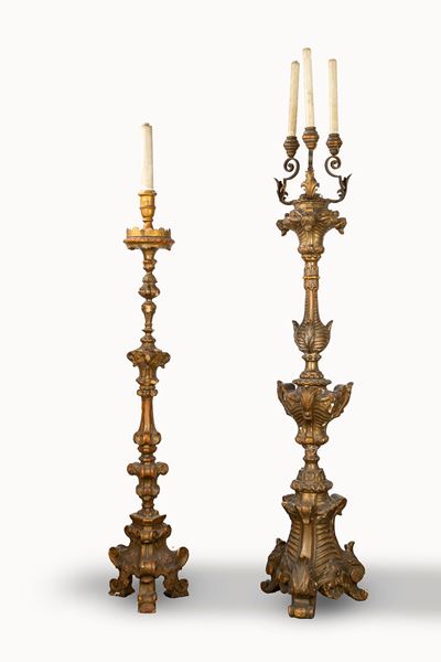 Due Torciere in Legno Intagliato e Dorato, Secolo XIX
