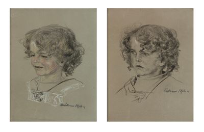 Autore sconosciuto, Ritratti di bimbi, disegni a carboncino e matite colorate su carta
