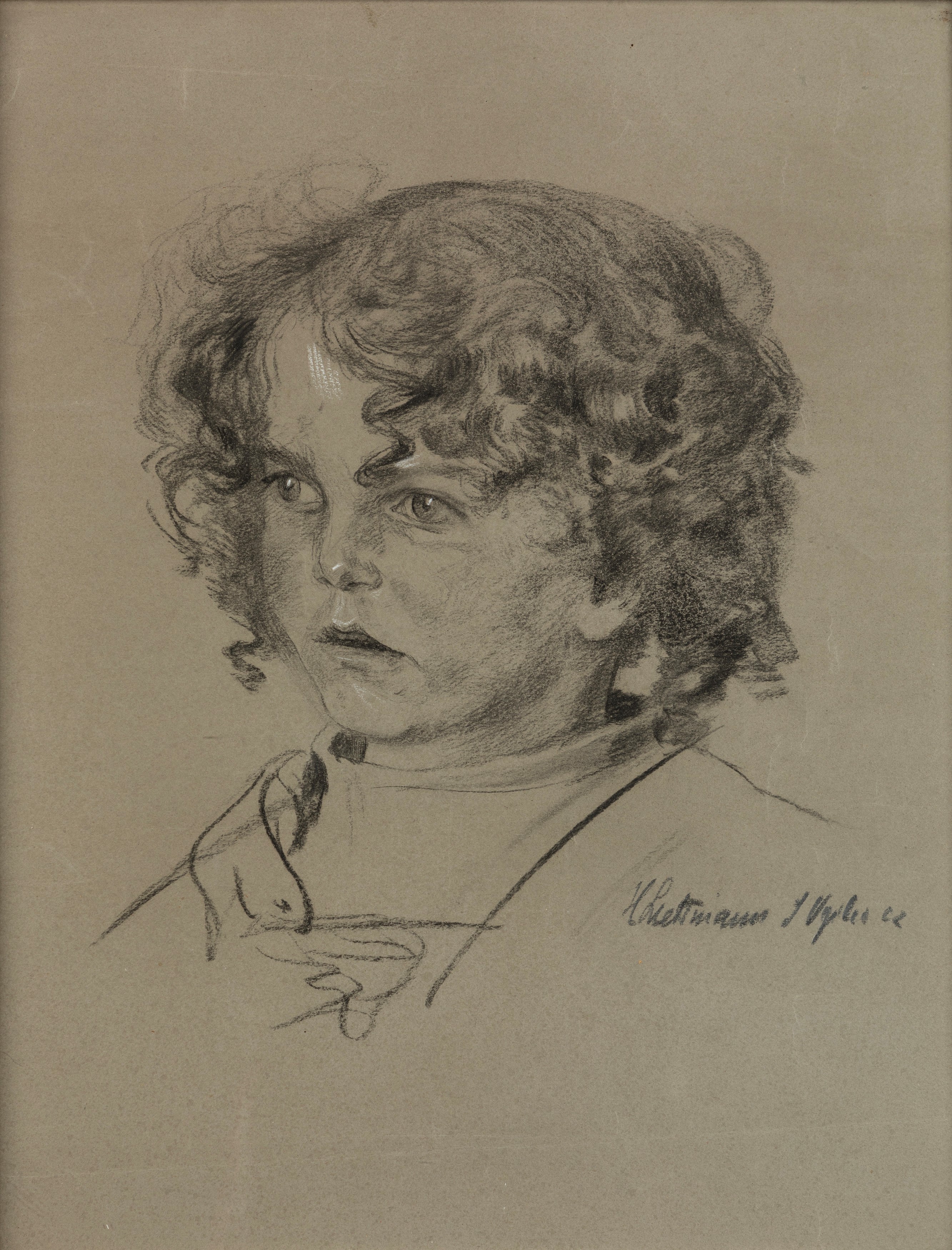 Scuola del Secolo XX - Autore sconosciuto, Ritratti di bimbi, disegni a carboncino e matite color...