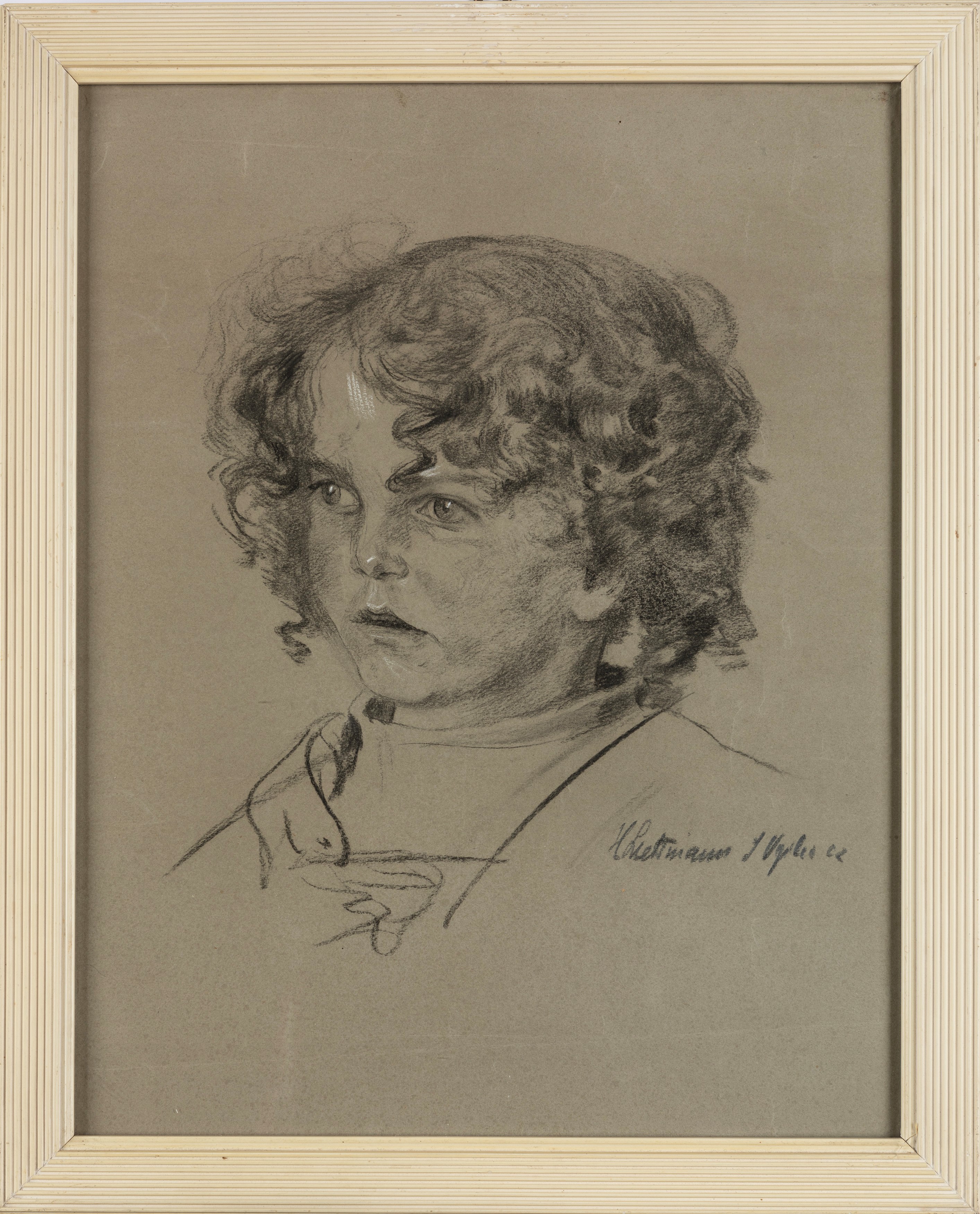 Scuola del Secolo XX - Autore sconosciuto, Ritratti di bimbi, disegni a carboncino e matite color...