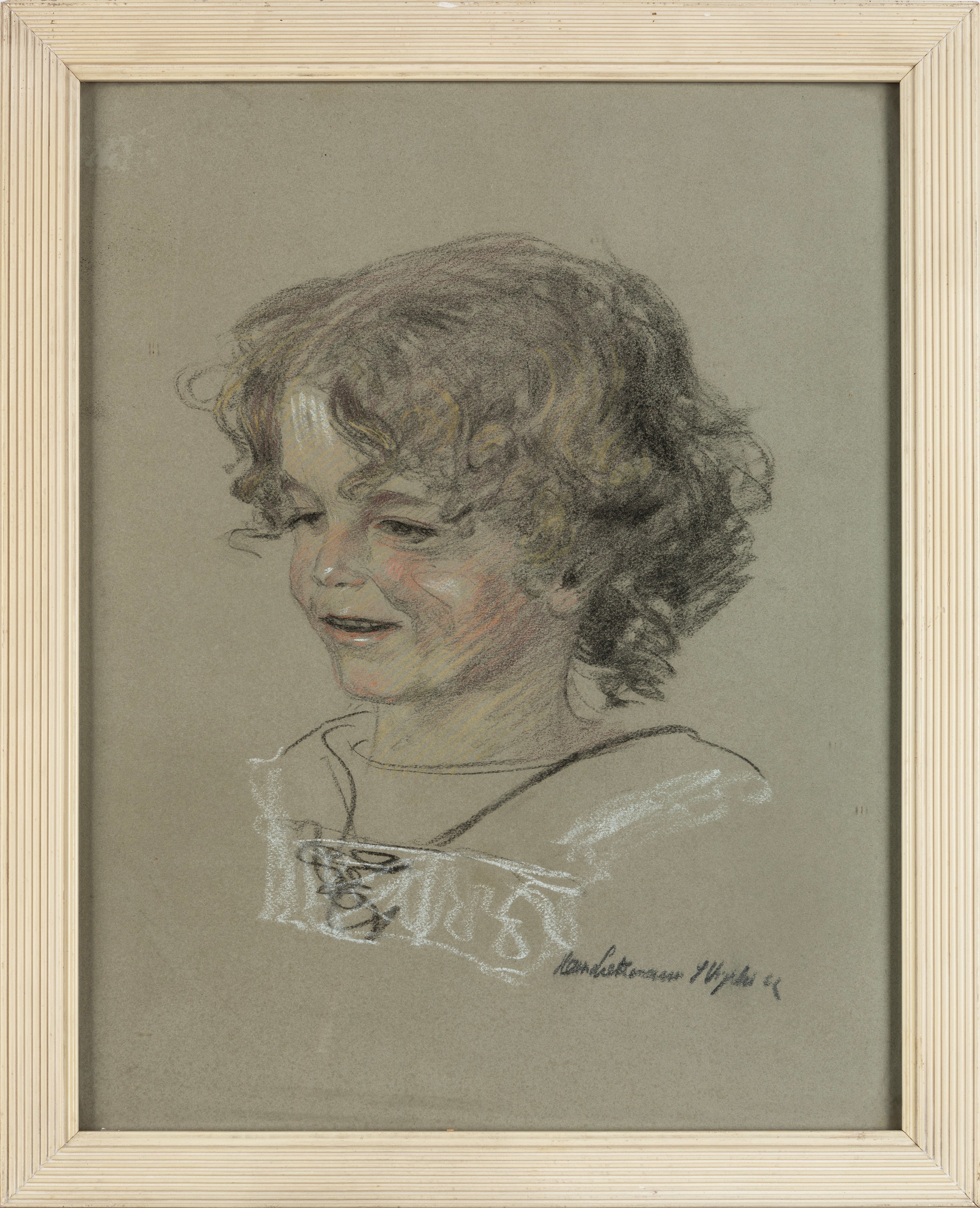 Scuola del Secolo XX - Autore sconosciuto, Ritratti di bimbi, disegni a carboncino e matite color...