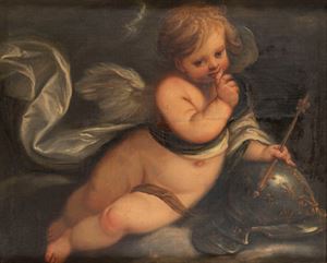 Scuola lombarda, secolo XVII - Cupid with helmet and scepter