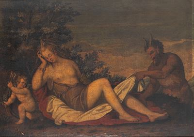 Autore ignoto, Venere dormiente con satiro e cupido, olio su tela