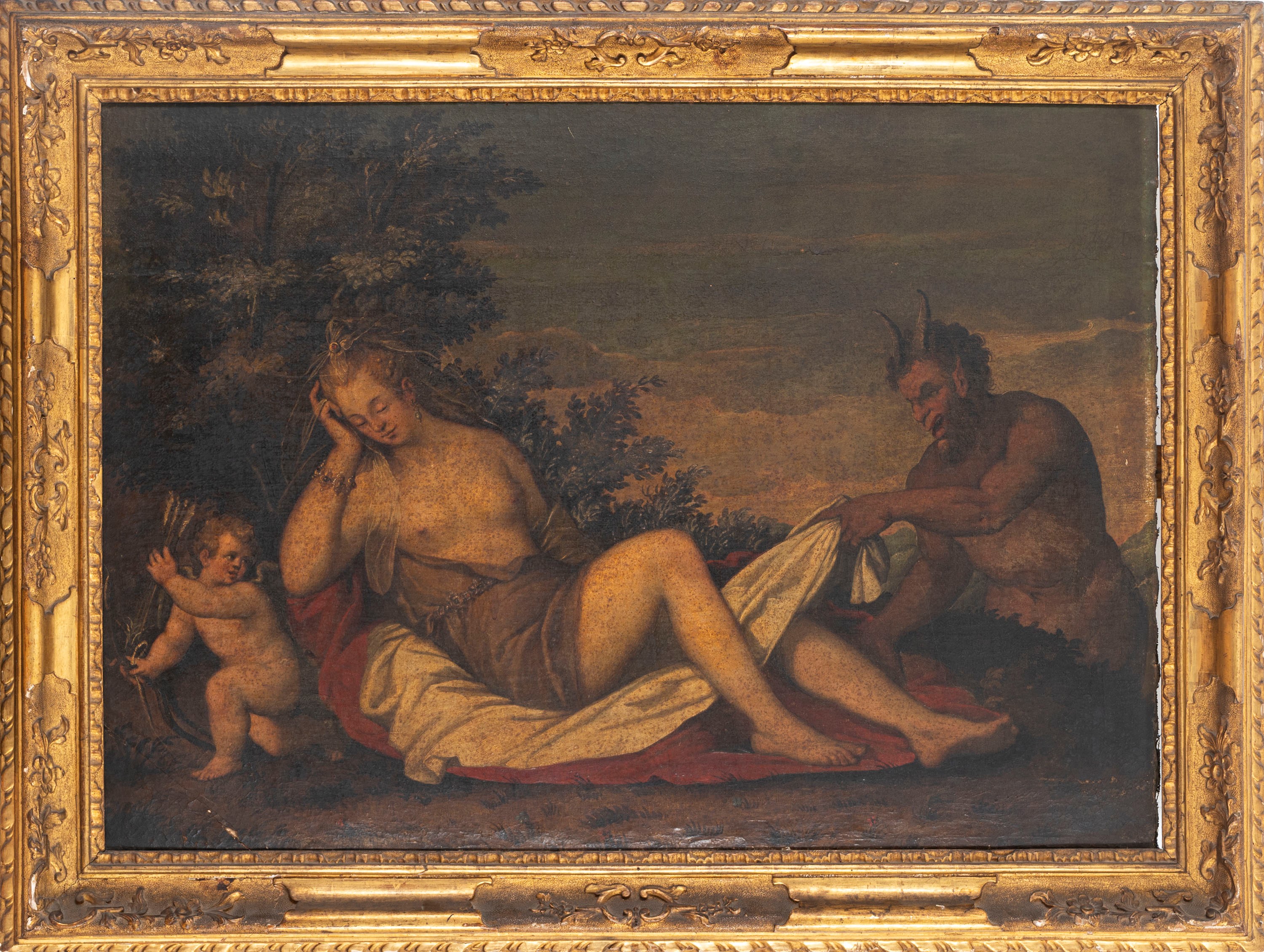 Scuola Veneta, Secolo XVII - Autore ignoto, Venere dormiente con satiro e cupido, olio su tela