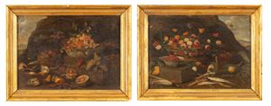 Scuola fiamminga, secolo XVIII - Fruit parrot and game en plein air; and Basket of flowers with cat and fish en plein air