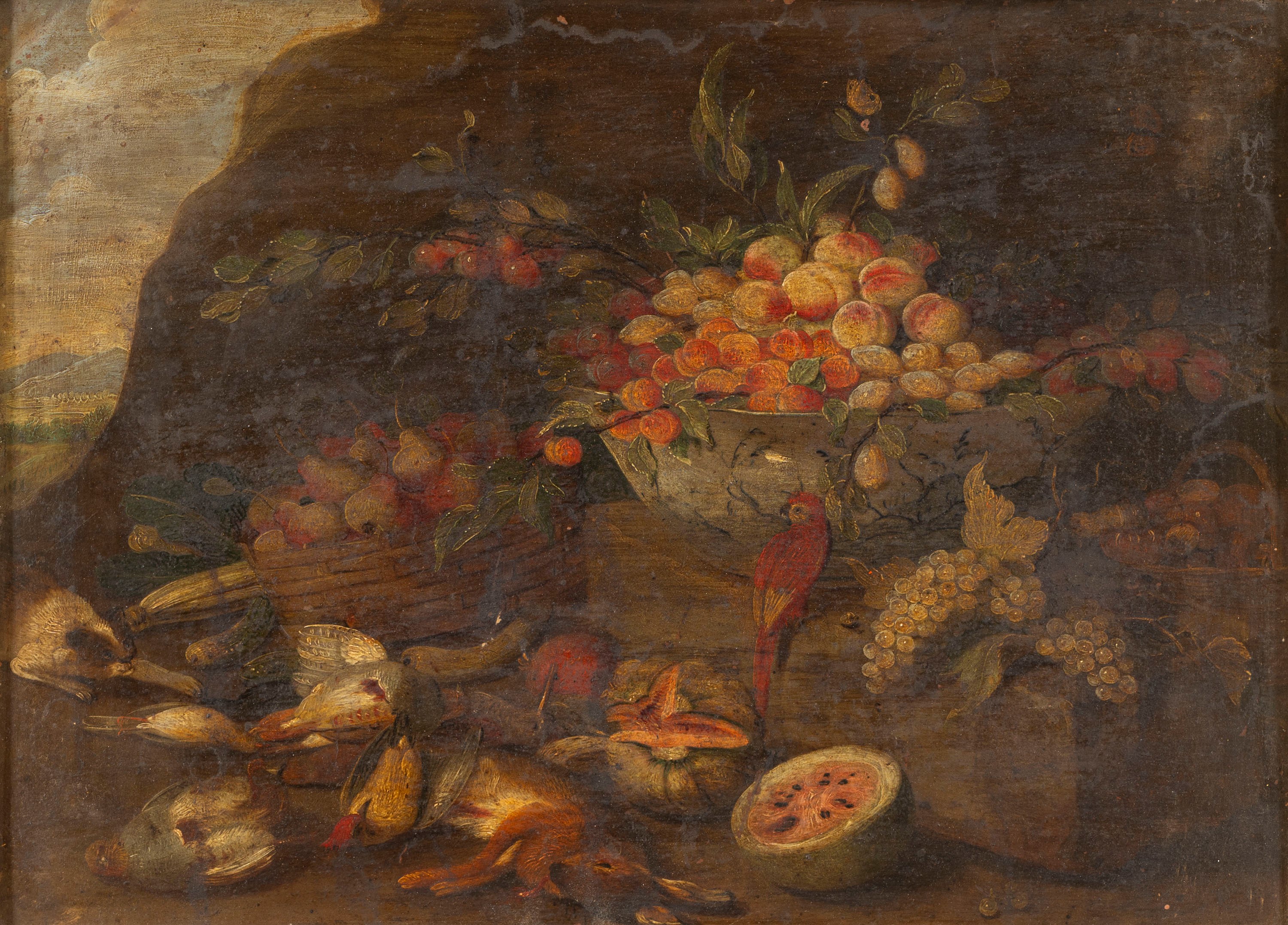 Frutta pappagallo e cacciagione en plein air; e Cesto di fiori con gatto e pesci en plein air