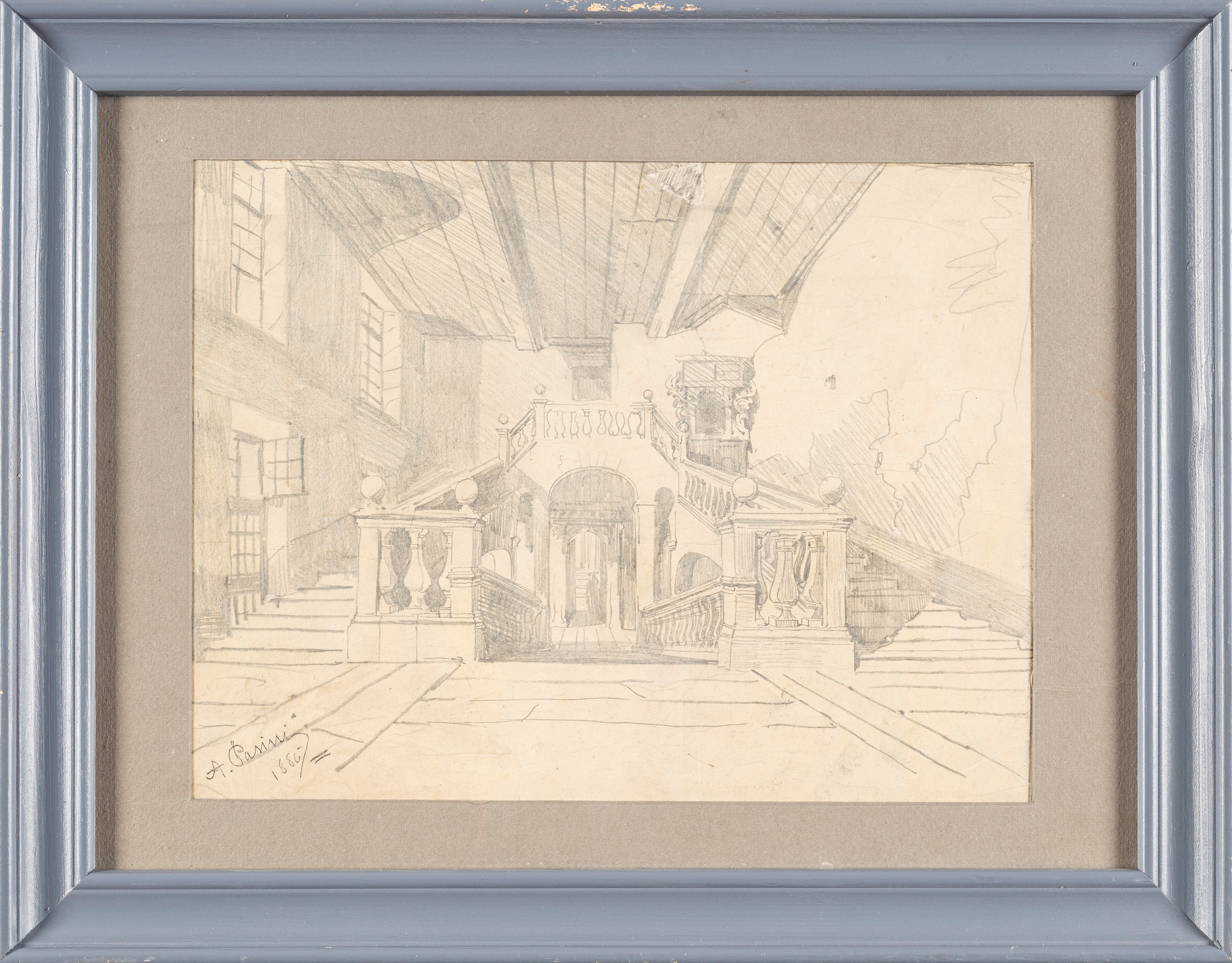 Alberto Pasini - Scalone di Palazzo Reale a Torino, matita su carta